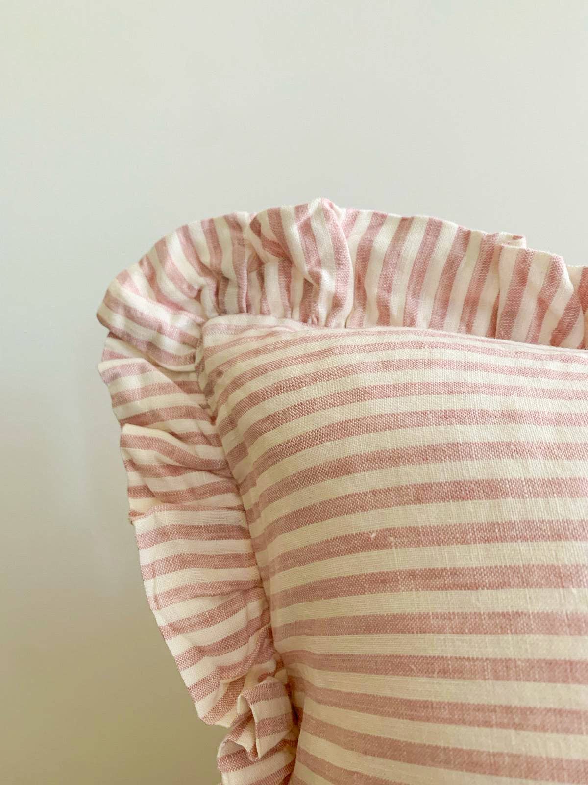 Pure French Linen Ruffle Lumbar Cushion - Pink Pinstripes