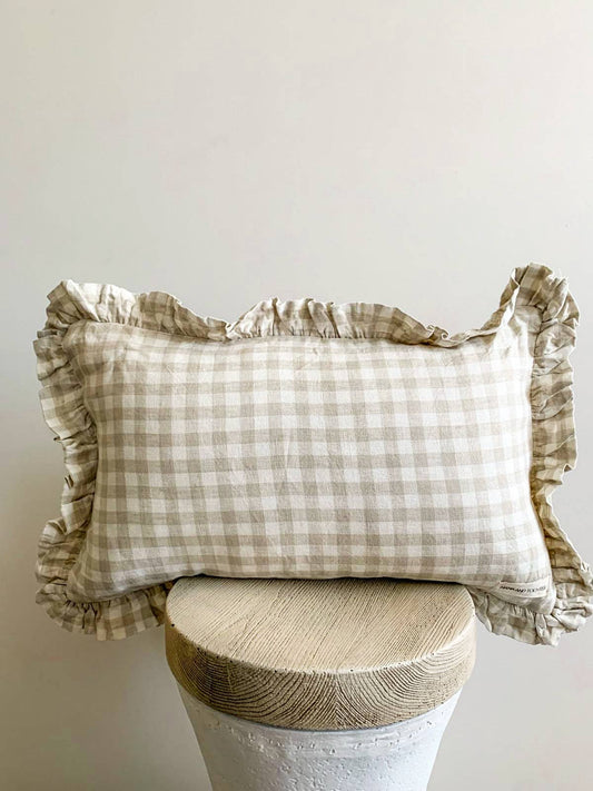 Pure French Linen Ruffle Lumbar Cushion Cover - Dove Grey Gingham