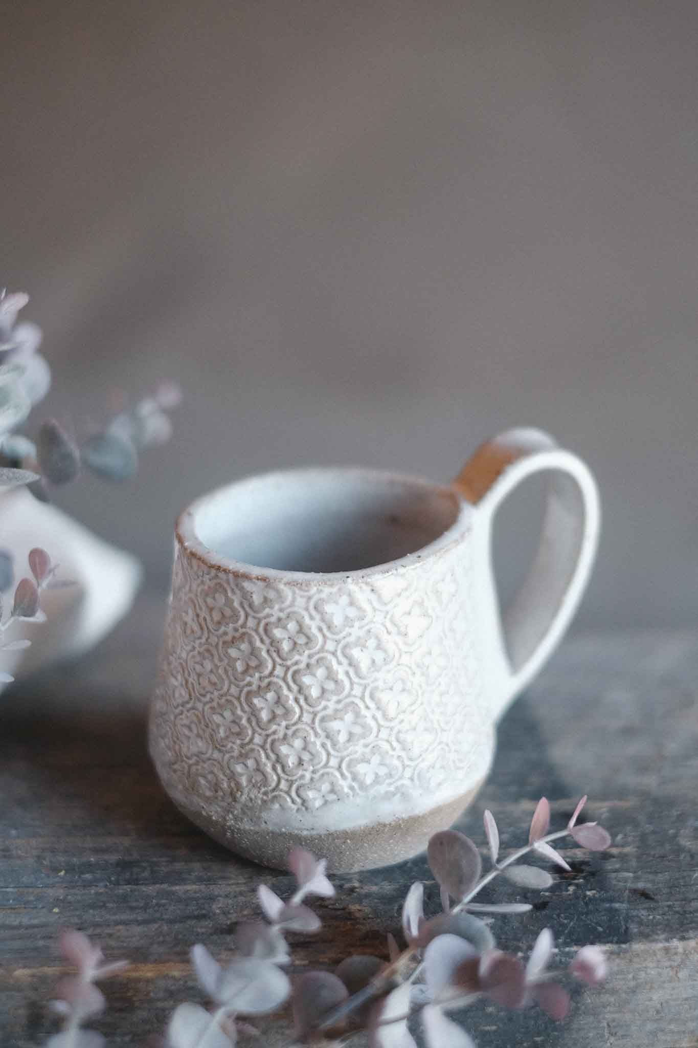 Handbuilt Ceramic Mug — White Pattern