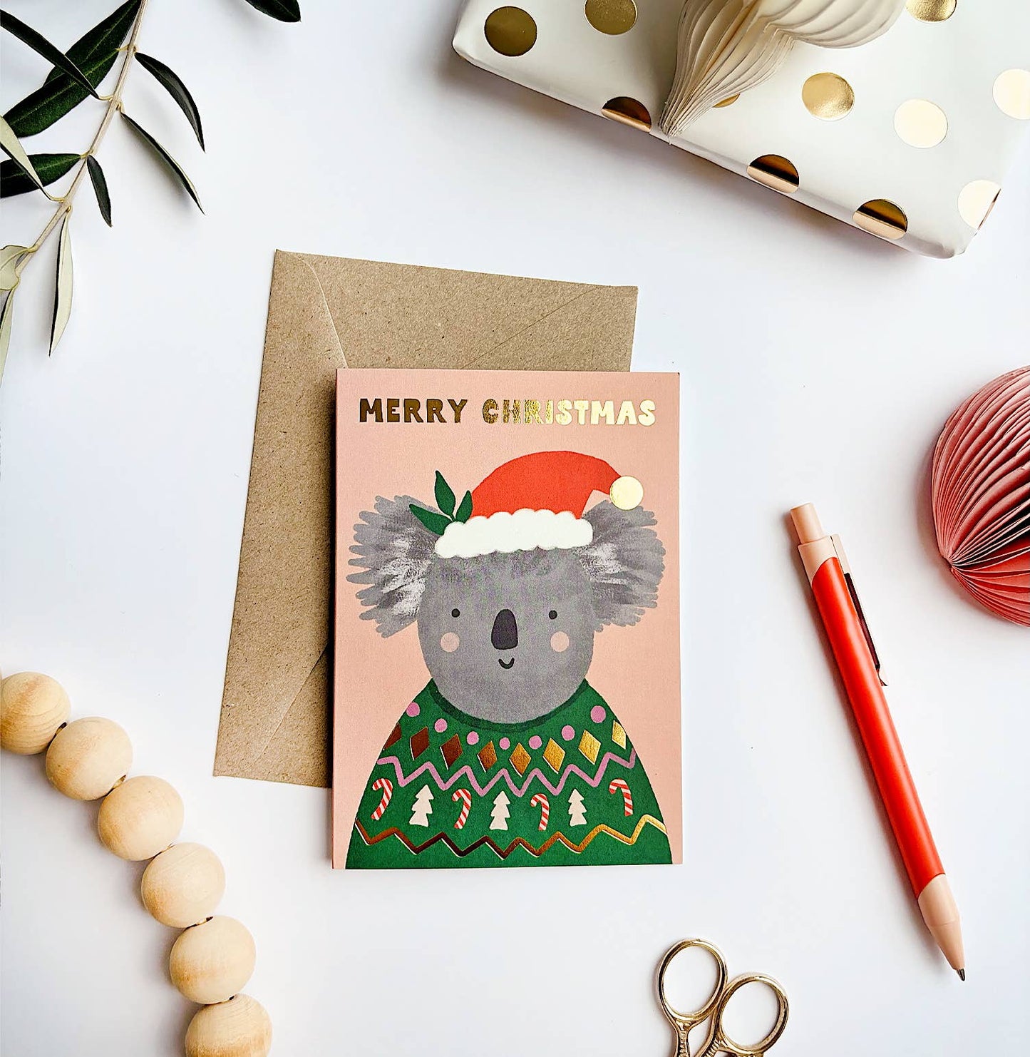 Christmas Koala Gold Foil Card - Festive Greeting Xmas