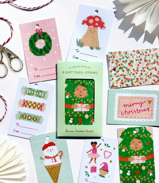 Festive Gift Tag Set - 8 Holiday Christmas Tags String