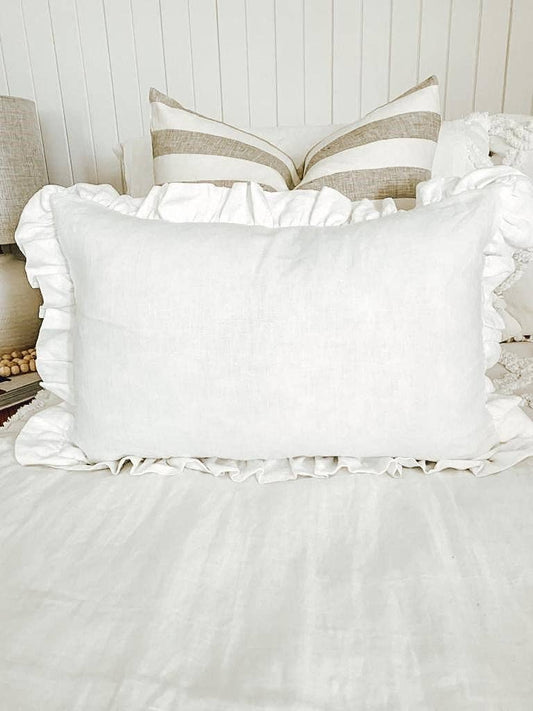 Linen Lumbar Ruffle Cushion Cover - White