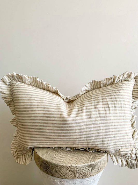 Pure French Linen Ruffle Lumbar cushion - Nature Pinstripes