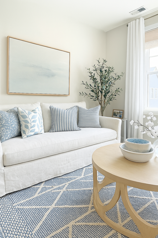 Pure French Linen Cushion with Flange Detail - Stone Blue Stripe