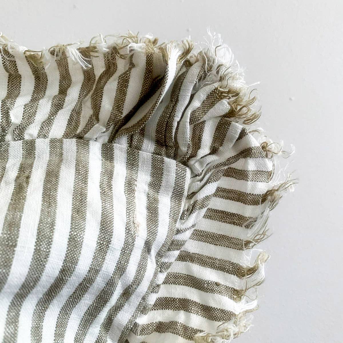 Pure French Linen Frayed Edge Ruffle Cushion - Olive Pinstripes
