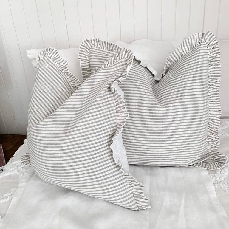 Reversible Linen Ruffle Cushion - Grey Stripe - White