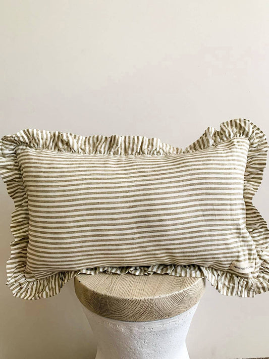 Pure French Linen Ruffle Lumbar Cushion Cover - Olive Stripes