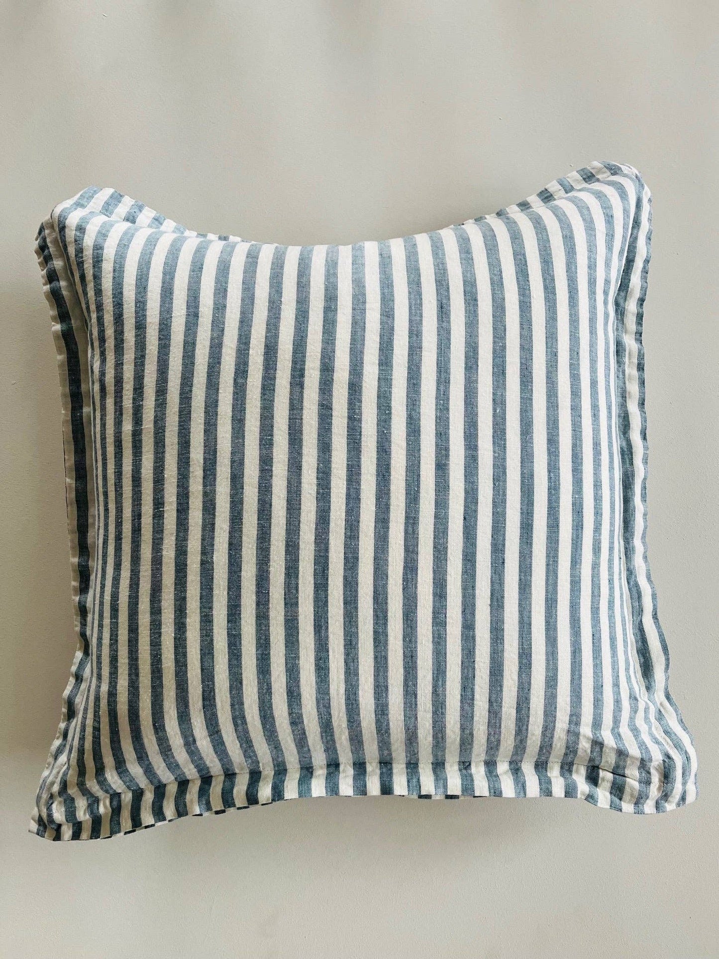 Pure French Linen Cushion with Flange Detail - Stone Blue Stripe