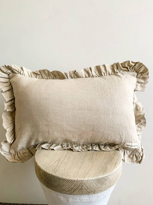 Pure French Linen Ruffle Lumbar Cushion Cover - Natural