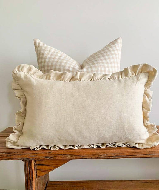 Linen Lumbar Ruffle Cushion Cover - Oatmeal