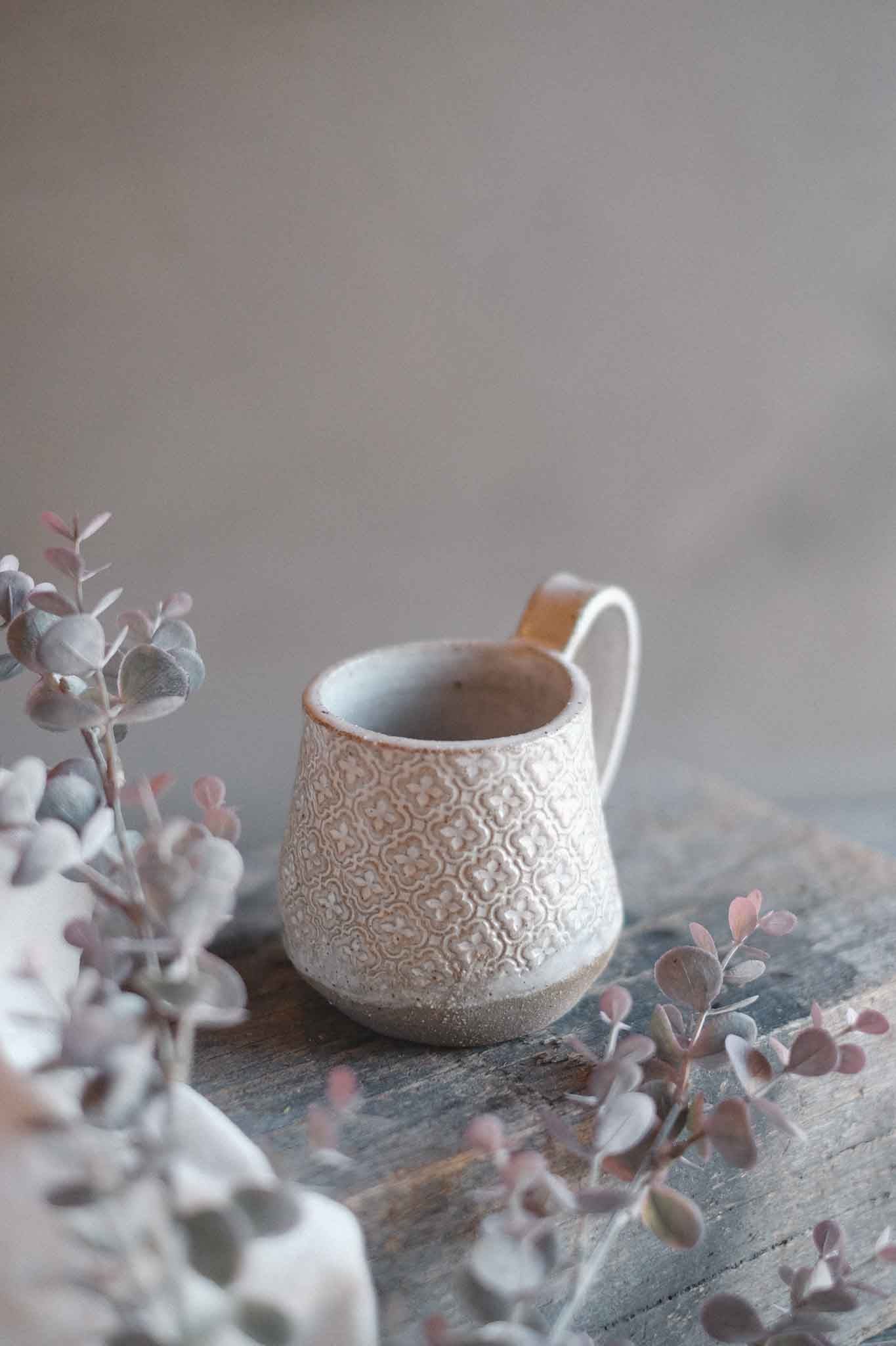 Handbuilt Ceramic Mug — White Pattern
