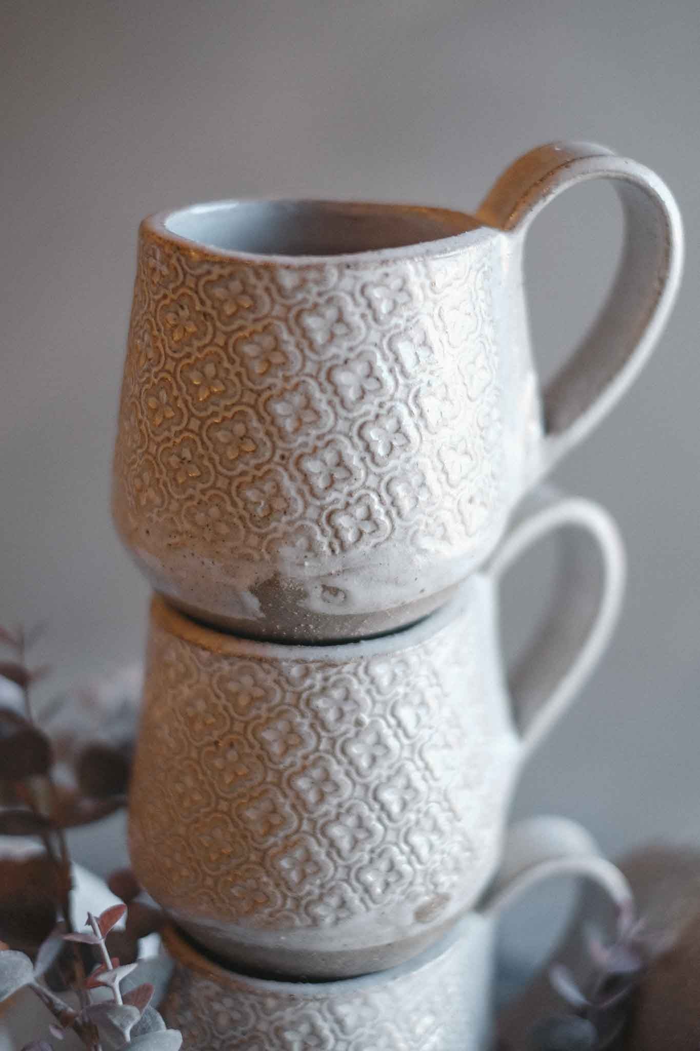 Handbuilt Ceramic Mug — White Pattern