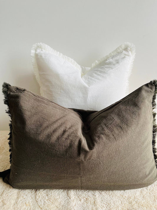 Pure Cotton Fringed Lumbar Cushion - Green