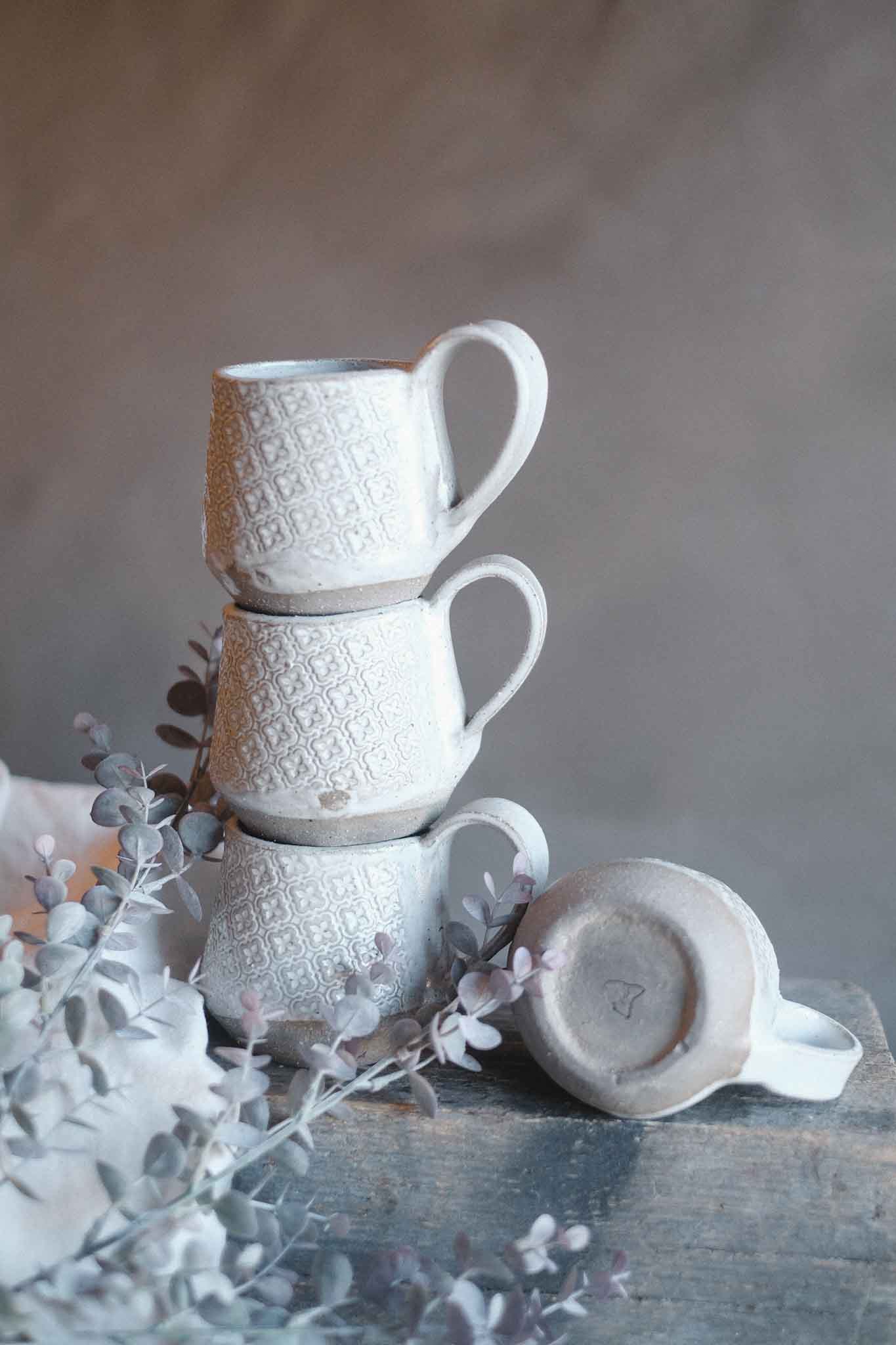 Handbuilt Ceramic Mug — White Pattern