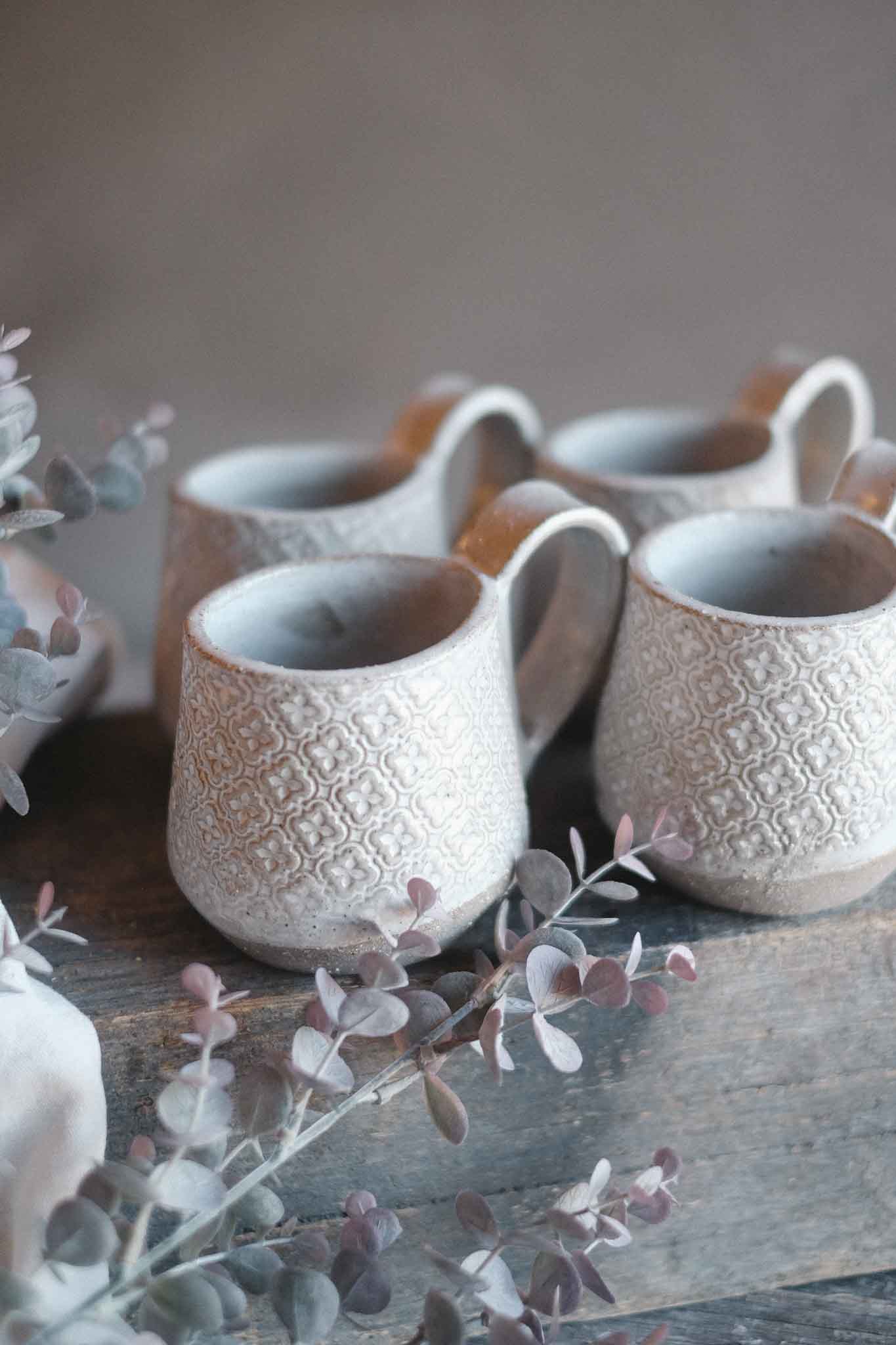 Handbuilt Ceramic Mug — White Pattern