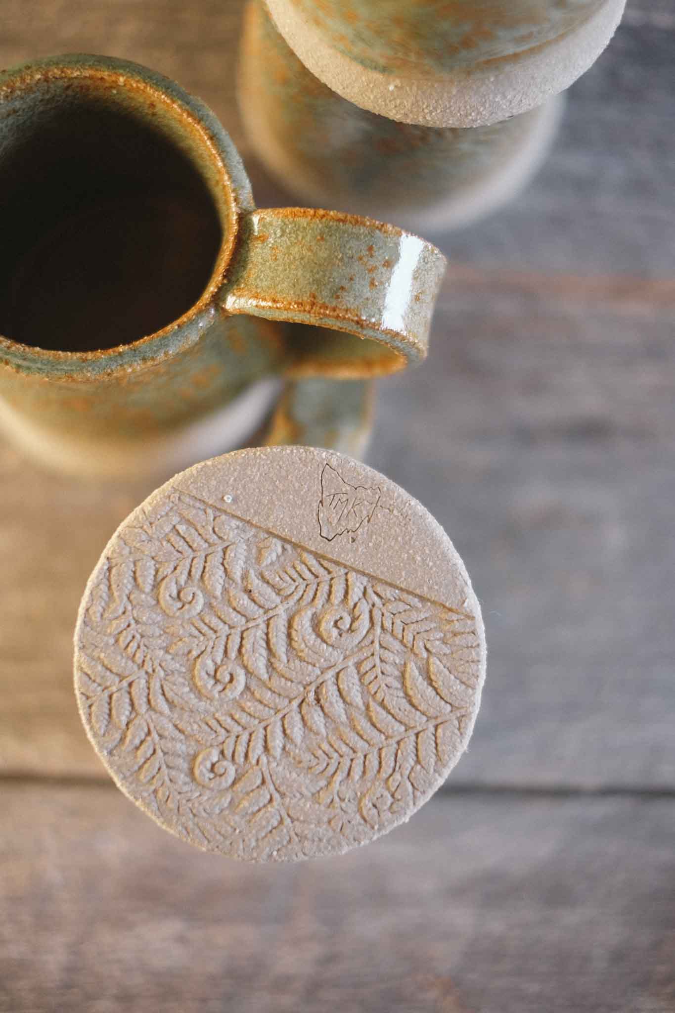 Handbuilt Ceramic Mug — Fern Pattern — Sage