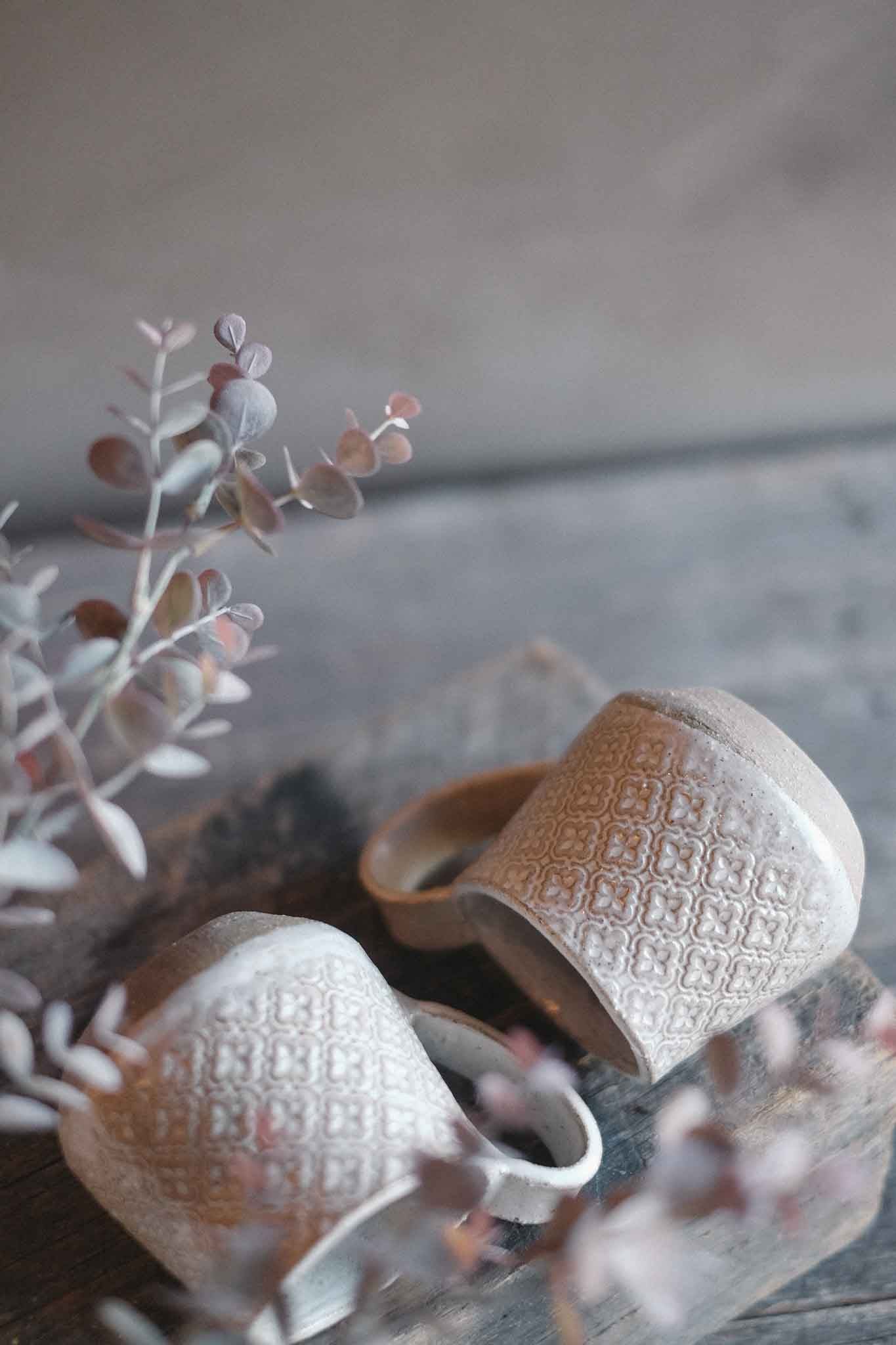 Handbuilt Ceramic Mug — White Pattern