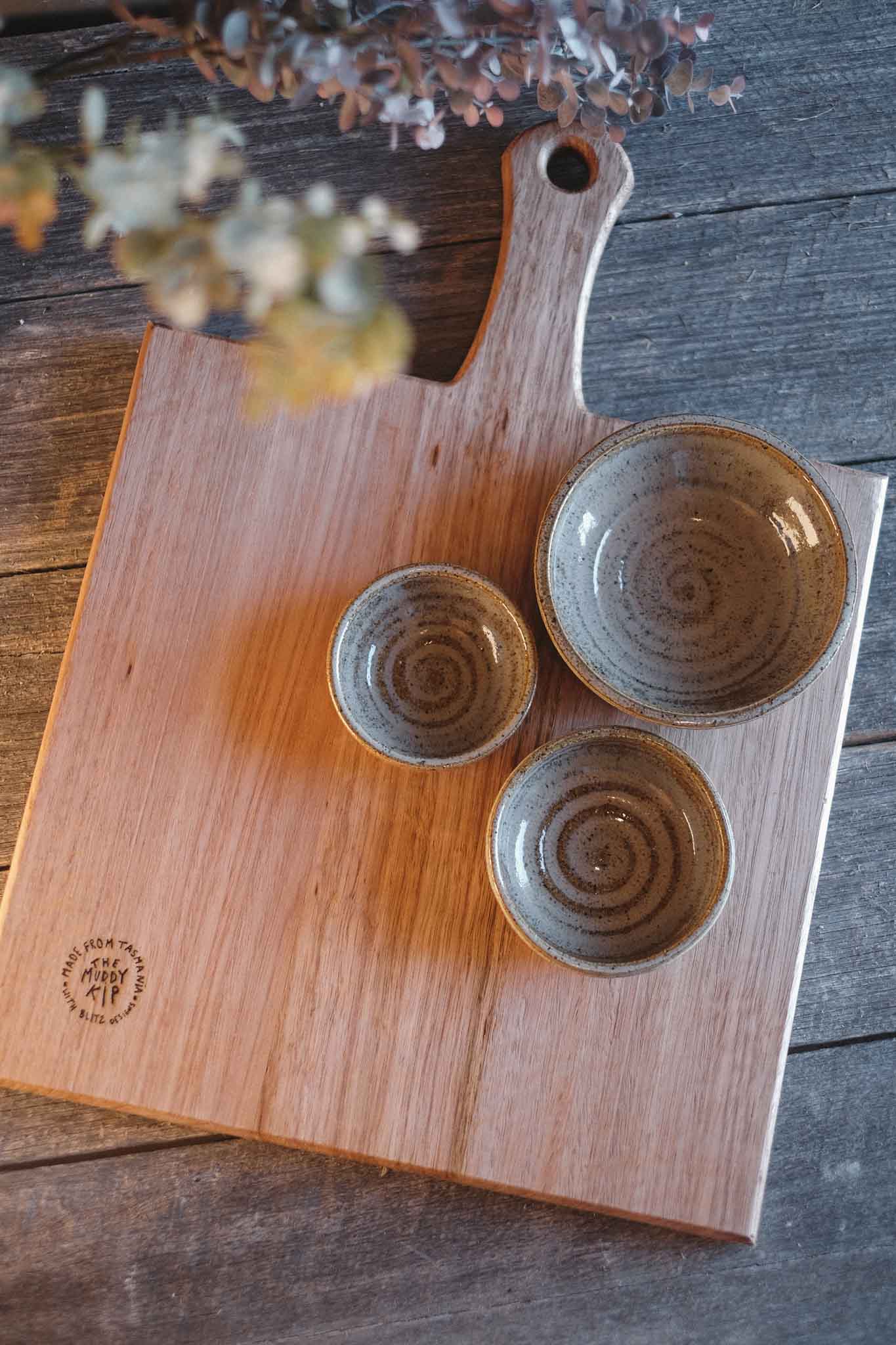 Tasmanian Oak Charcuterie Board with 3 Wild Clay Serving Bowls