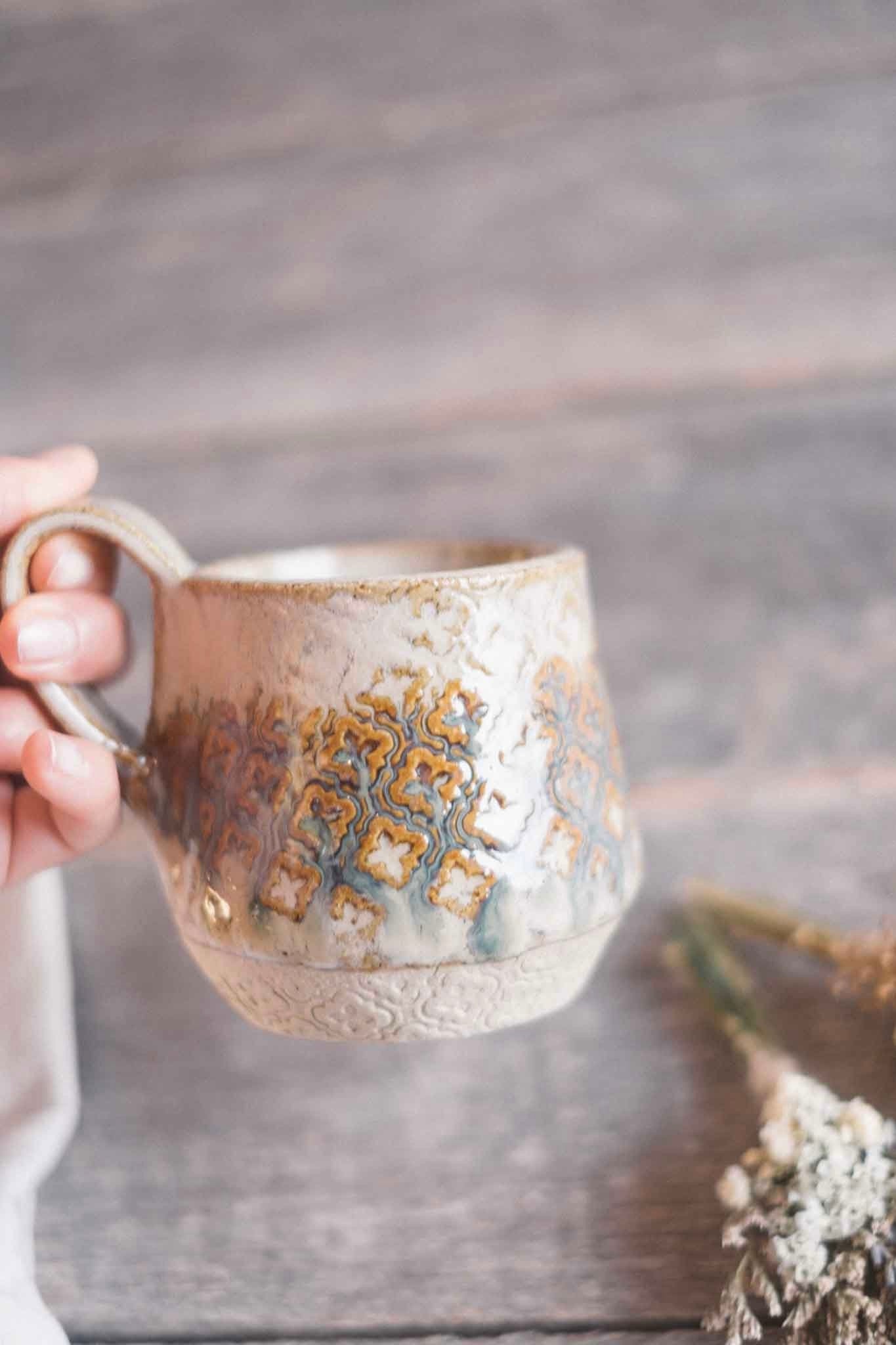 Handbuilt Ceramic Mug 1 — Pattern — Seaweed Glaze