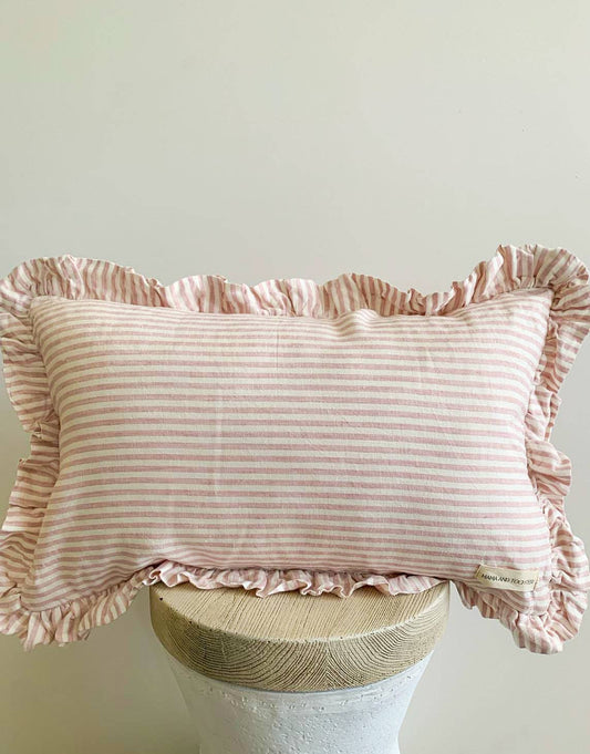 Pure French Linen Ruffle Lumbar Cushion - Pink Pinstripes