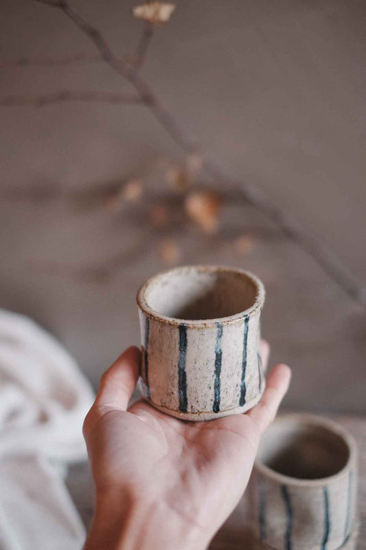 Slab-Built Espresso Cups — Blue Oxide Stripe