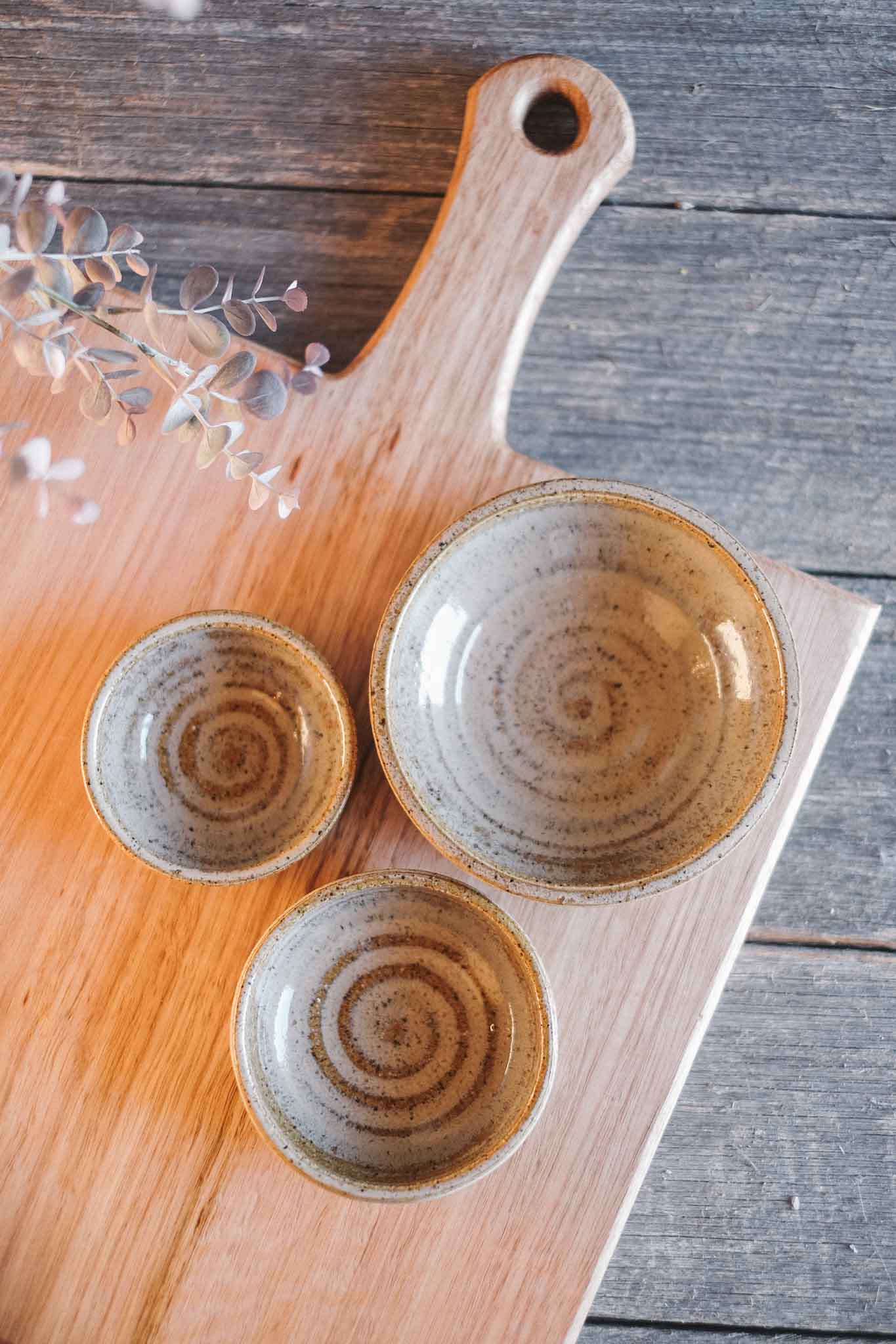 Tasmanian Oak Charcuterie Board with 3 Wild Clay Serving Bowls