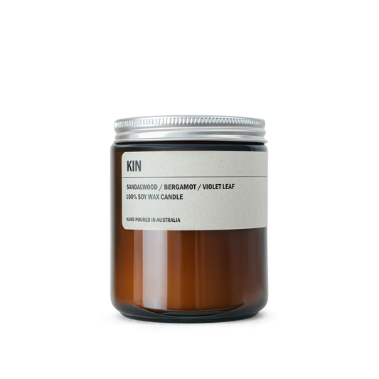 KIN: SANDALWOOD / BERGAMOT / VIOLET LEAF SMALL AMBER CANDLE 250G