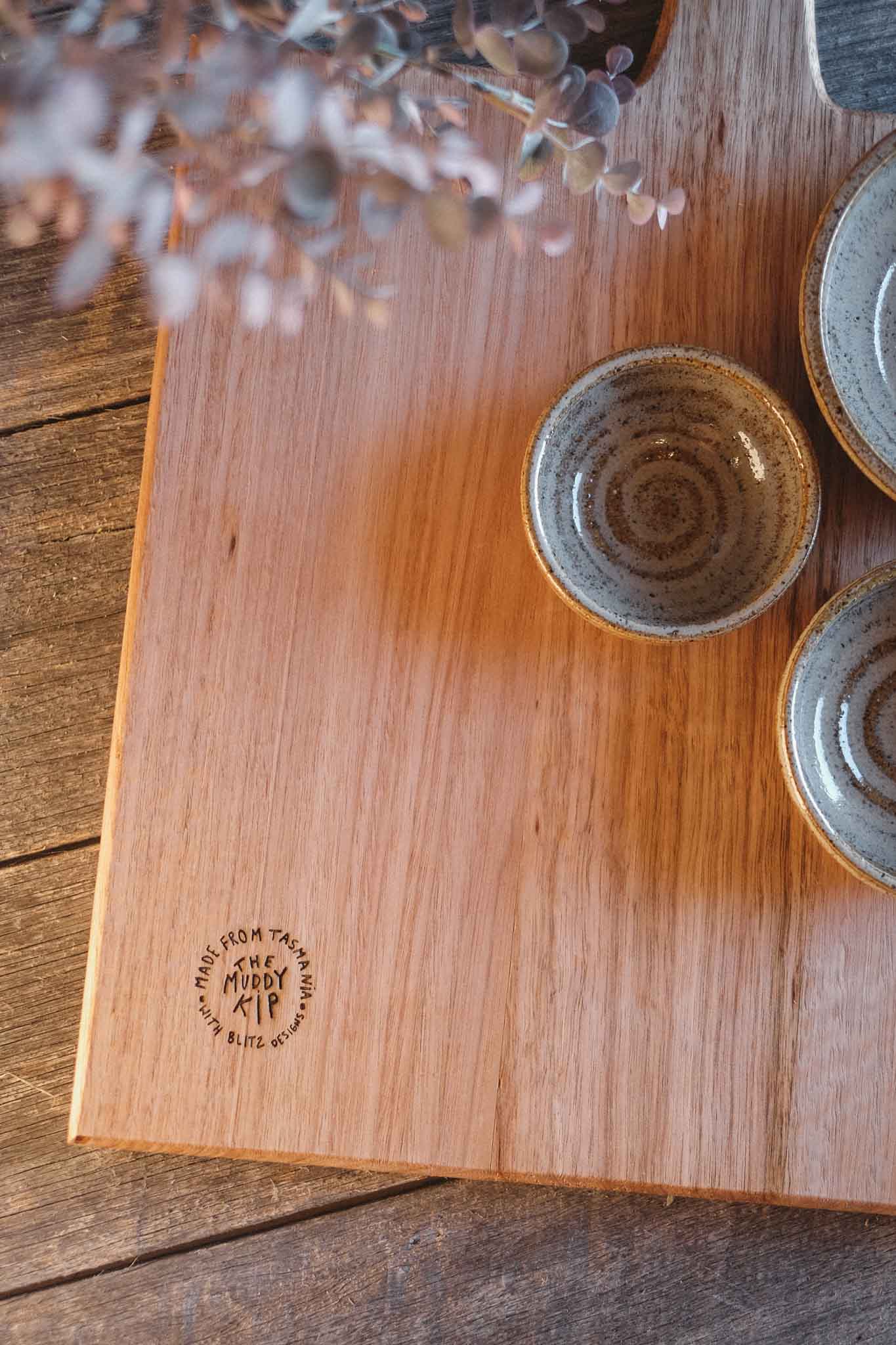 Tasmanian Oak Charcuterie Board with 3 Wild Clay Serving Bowls