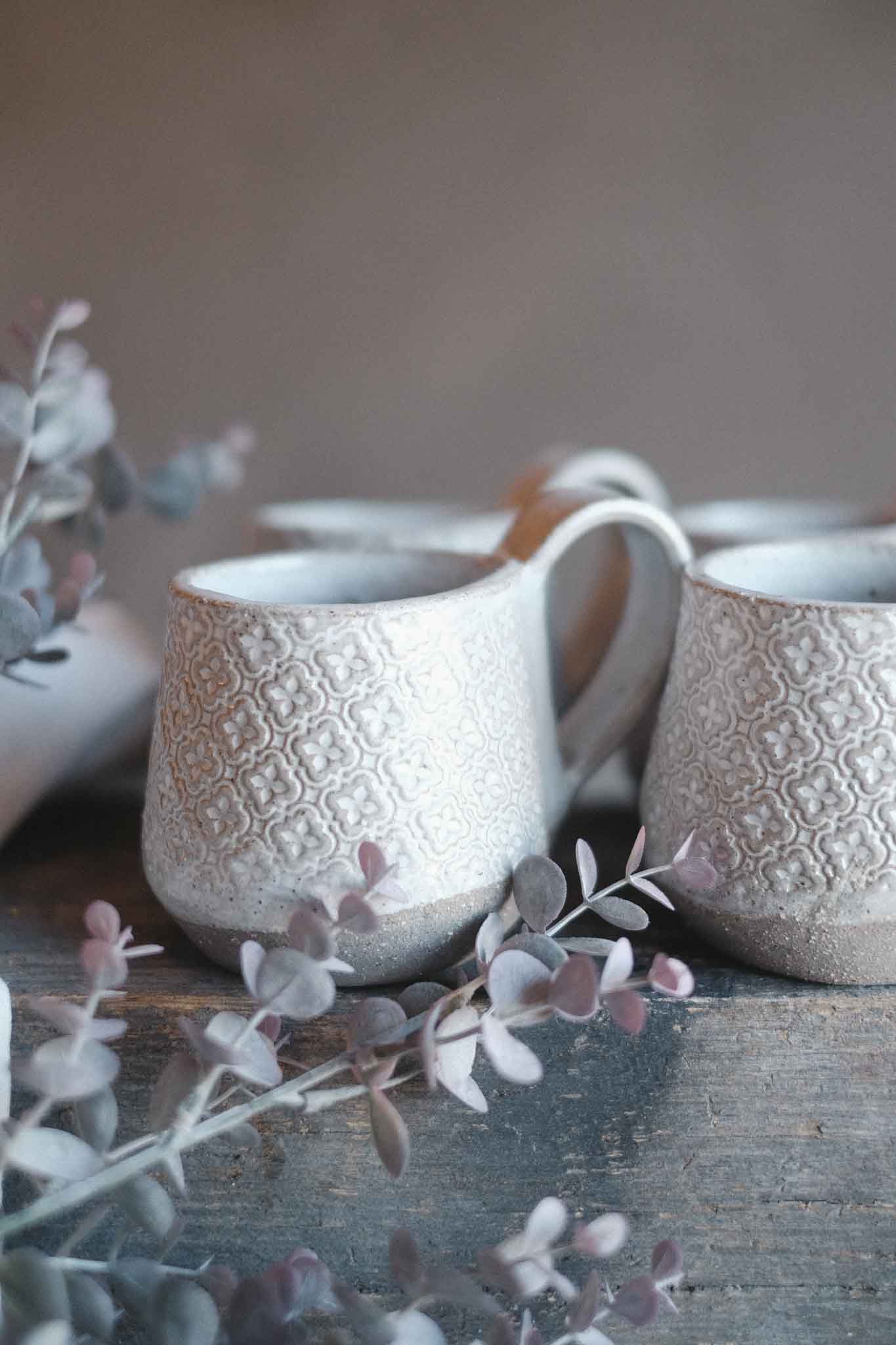 Handbuilt Ceramic Mug — White Pattern