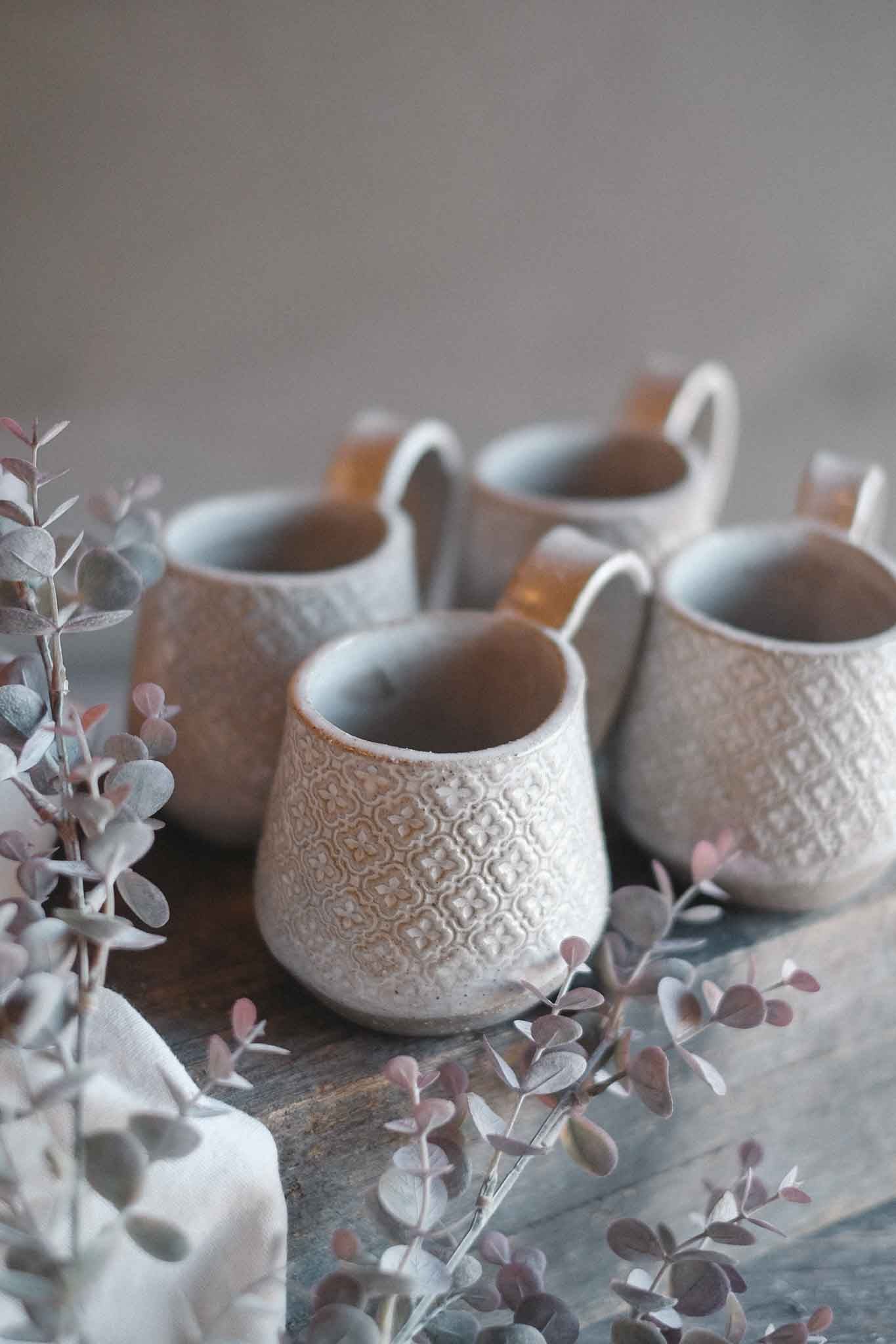Handbuilt Ceramic Mug — White Pattern
