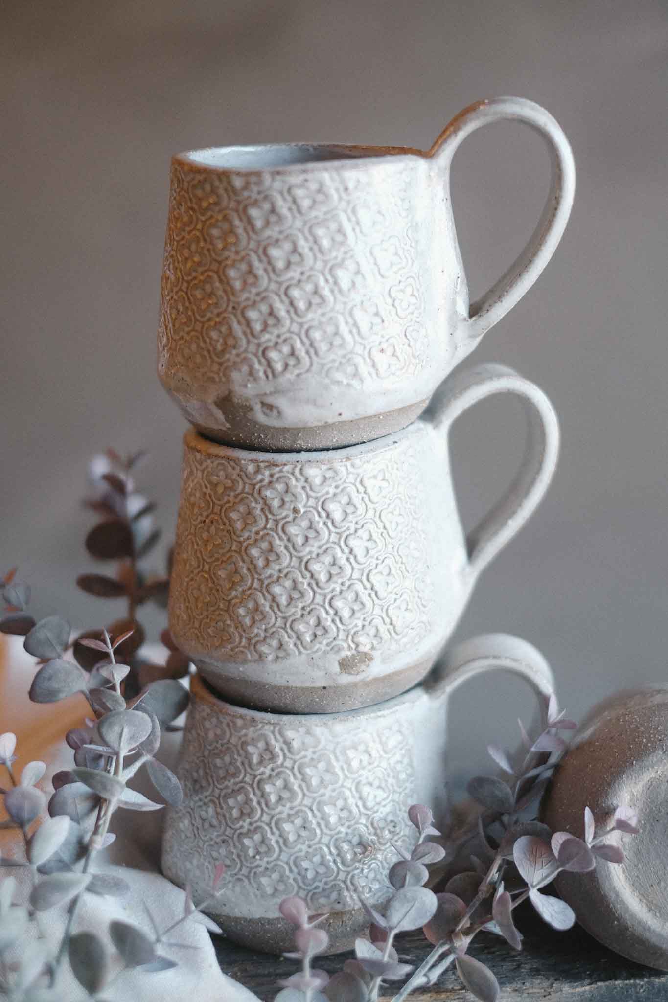 Handbuilt Ceramic Mug — White Pattern