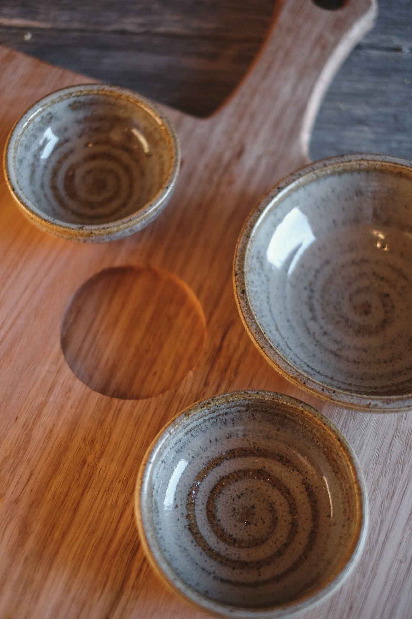 Tasmanian Oak Charcuterie Board with 3 Wild Clay Serving Bowls