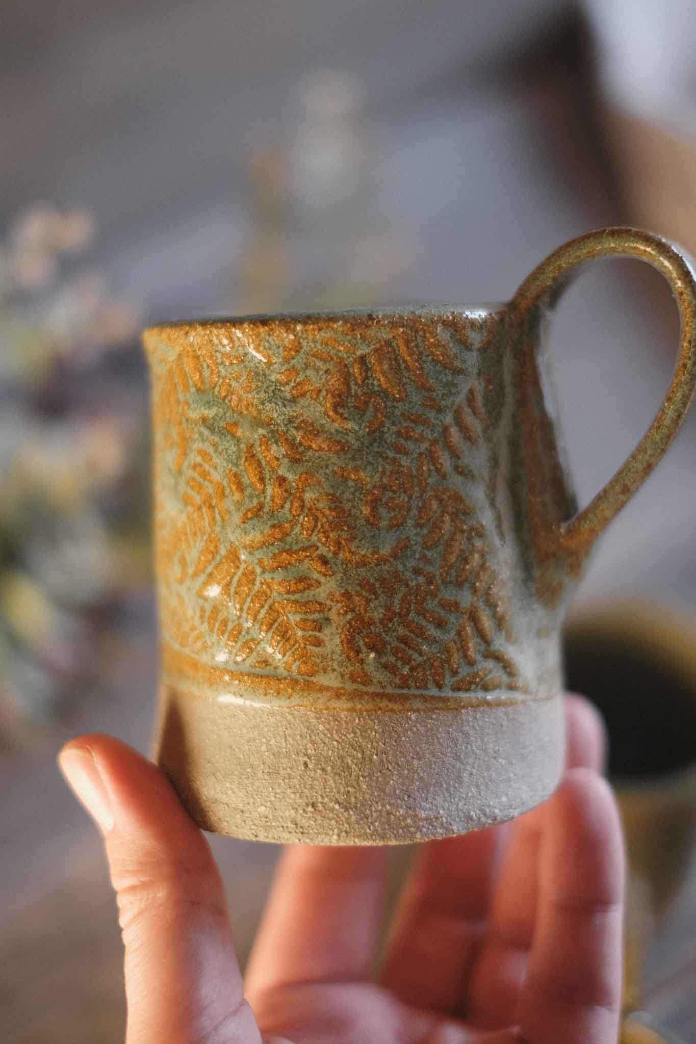 Handbuilt Ceramic Mug — Fern Pattern — Sage