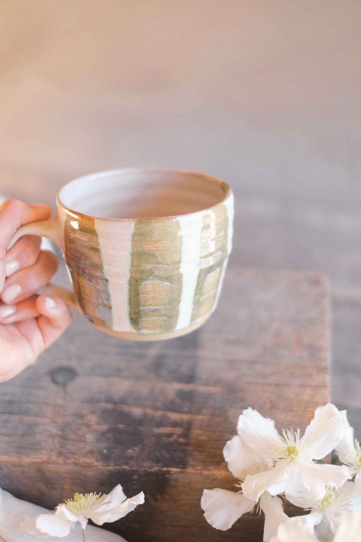 Wheel-thrown Seaweed Striped Mug – 300–330ml