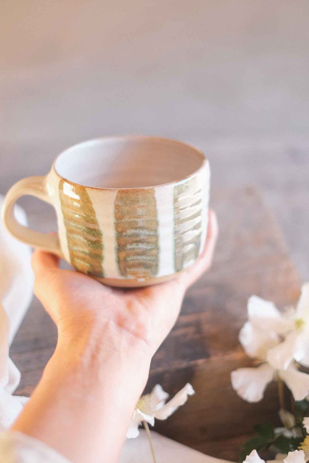 Wheel-thrown Seaweed Striped Mug – 300–330ml