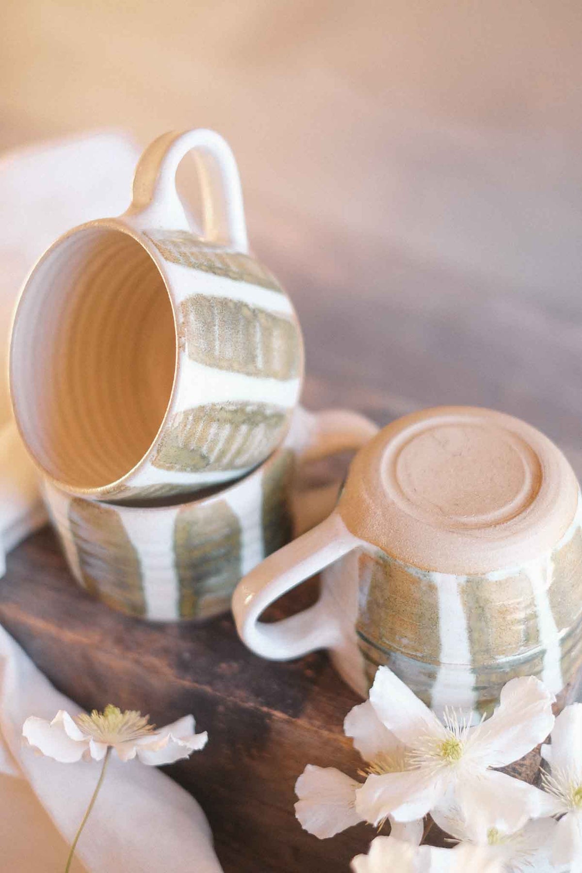 Wheel-thrown Seaweed Striped Mug – 300–330ml
