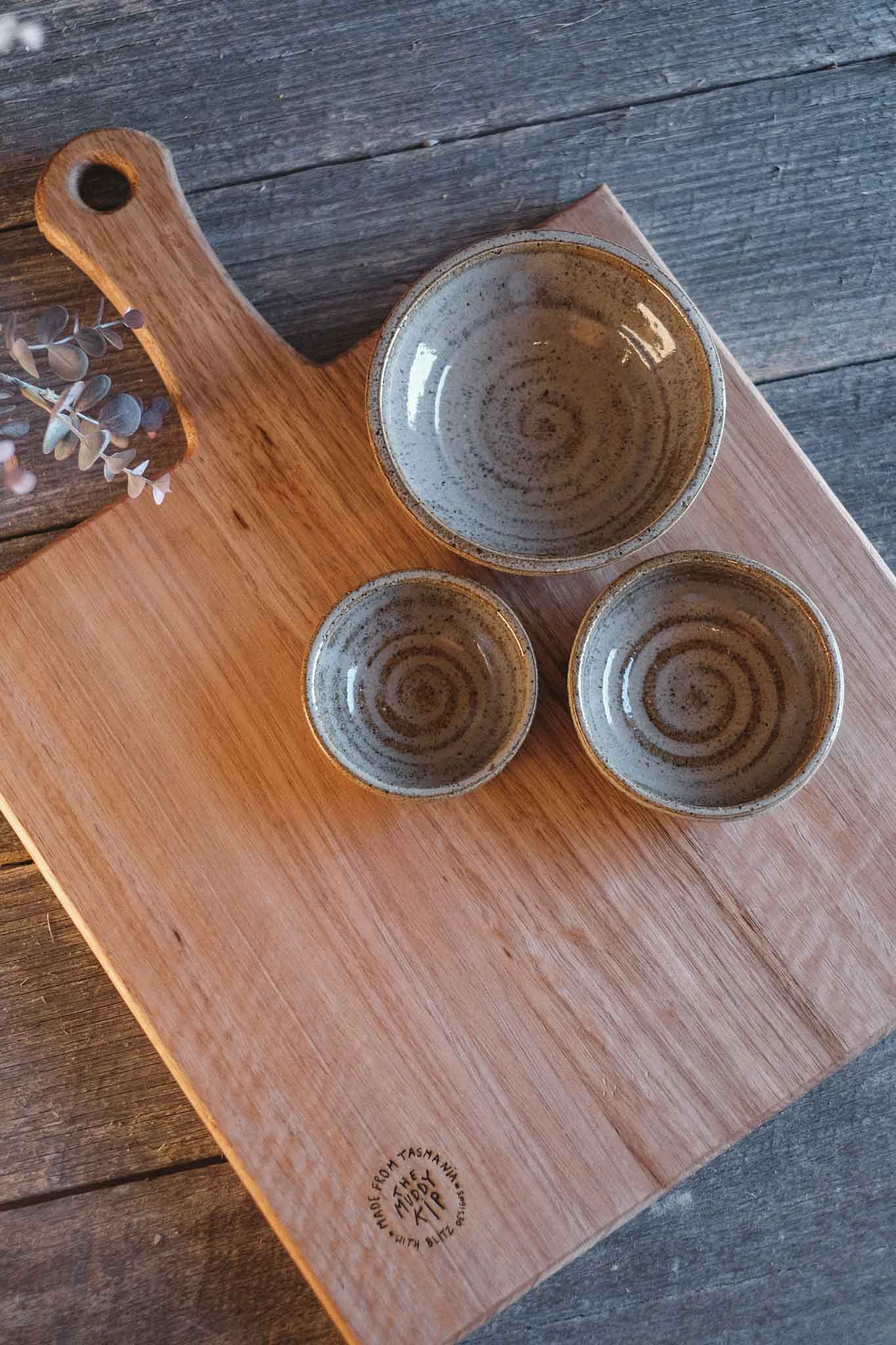 Tasmanian Oak Charcuterie Board with 3 Wild Clay Serving Bowls