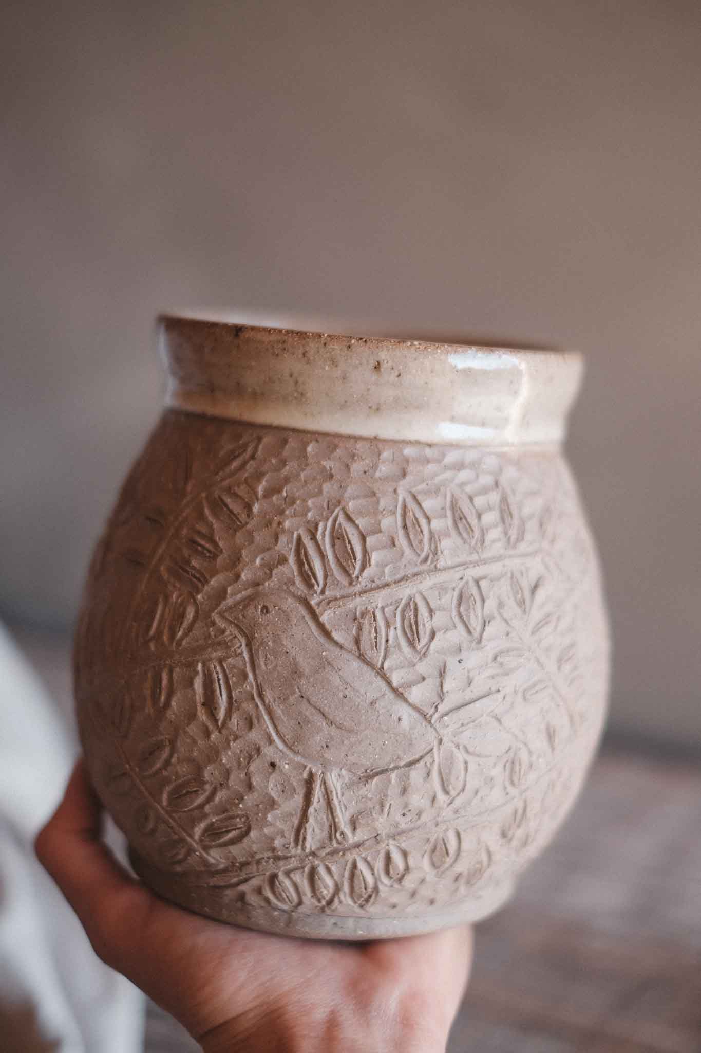 Moon Jar with Carved Bird — in collaboration with Jane Chapman