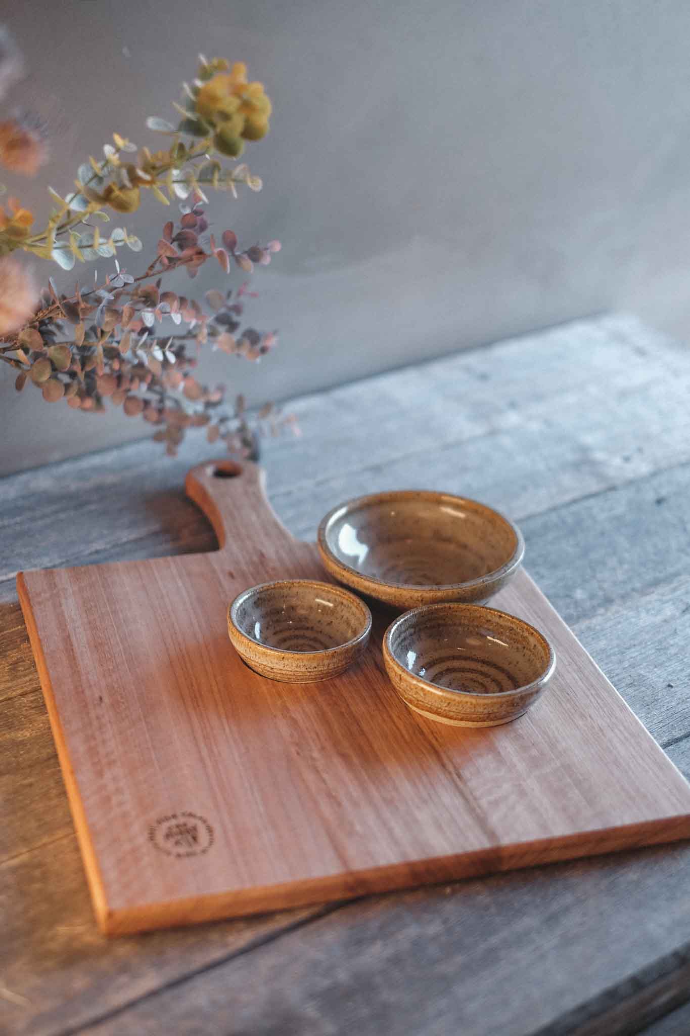 Tasmanian Oak Charcuterie Board with 3 Wild Clay Serving Bowls