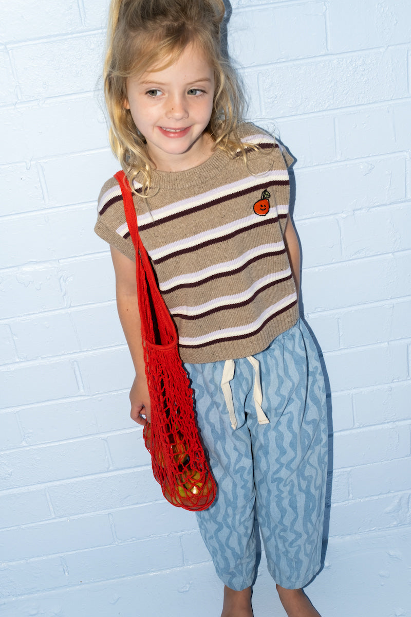 Organic Stripe Apple Knit Vest - Oatmilk