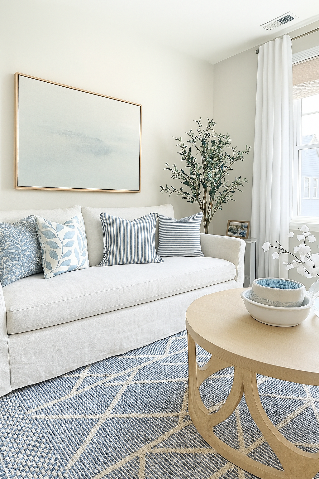Pure French Linen Cushion with Flange Detail - Stone Blue Stripe