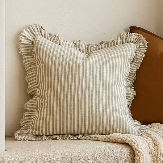 Pure French Linen Frayed Edge Ruffle Cushion - Olive Pinstripes