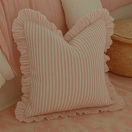 Pure French Linen Frayed Edge Ruffle Cushion - Pink Pinstripes