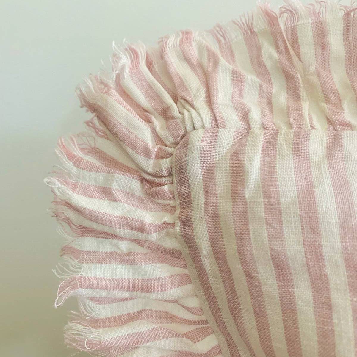 Pure French Linen Frayed Edge Ruffle Cushion - Pink Pinstripes