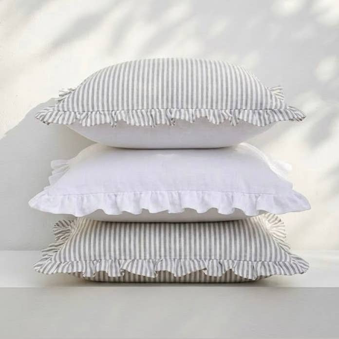 Reversible Linen Ruffle Cushion - Grey Stripe - White
