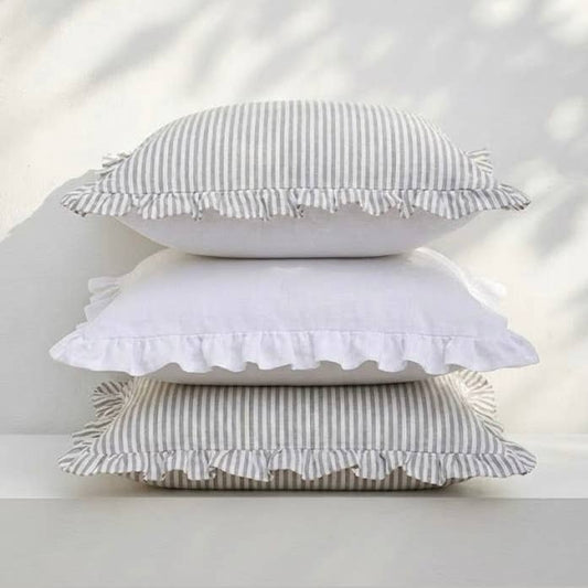 Reversible Linen Ruffle Cushion - Grey Stripe - White