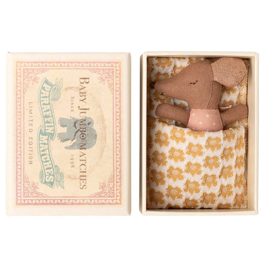 Maileg Sleepy Wakey Baby Mouse in Matchbox Rose