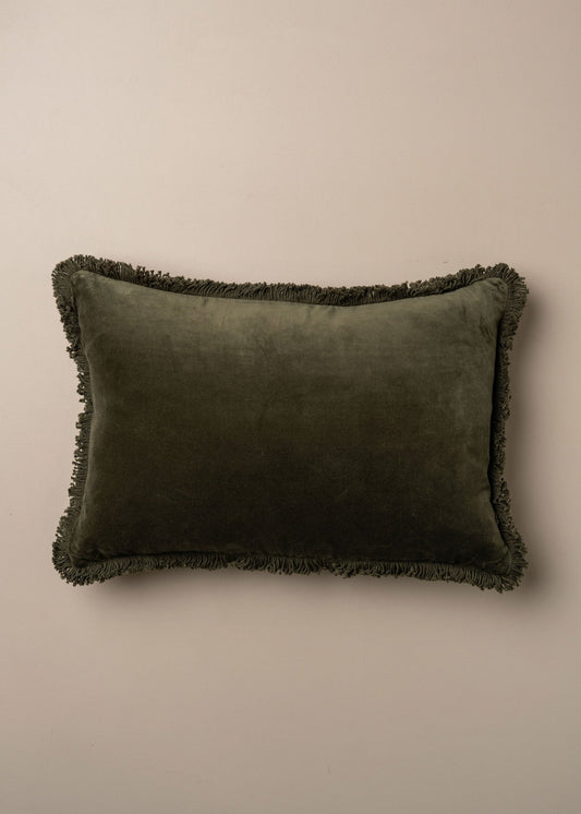 Velvet Fringed Cushion | Dark Olive