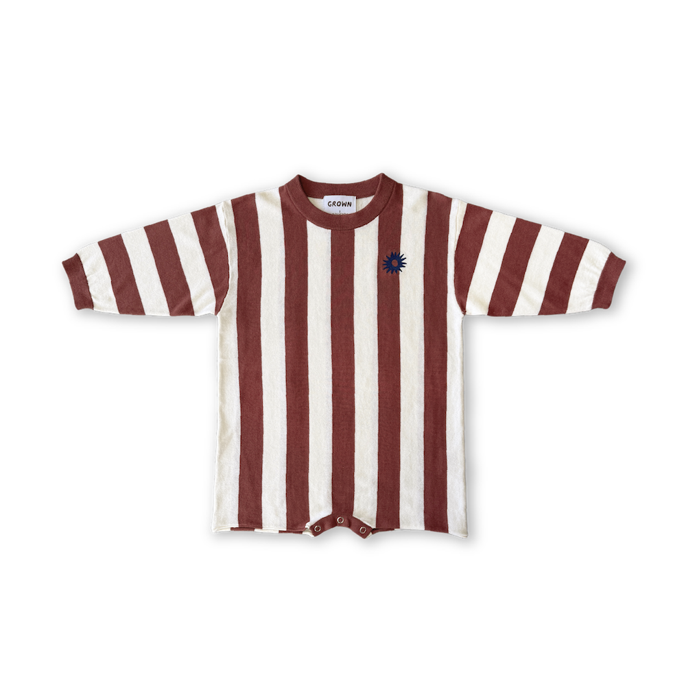 Organic Knitted Stripe Romper - Maroon