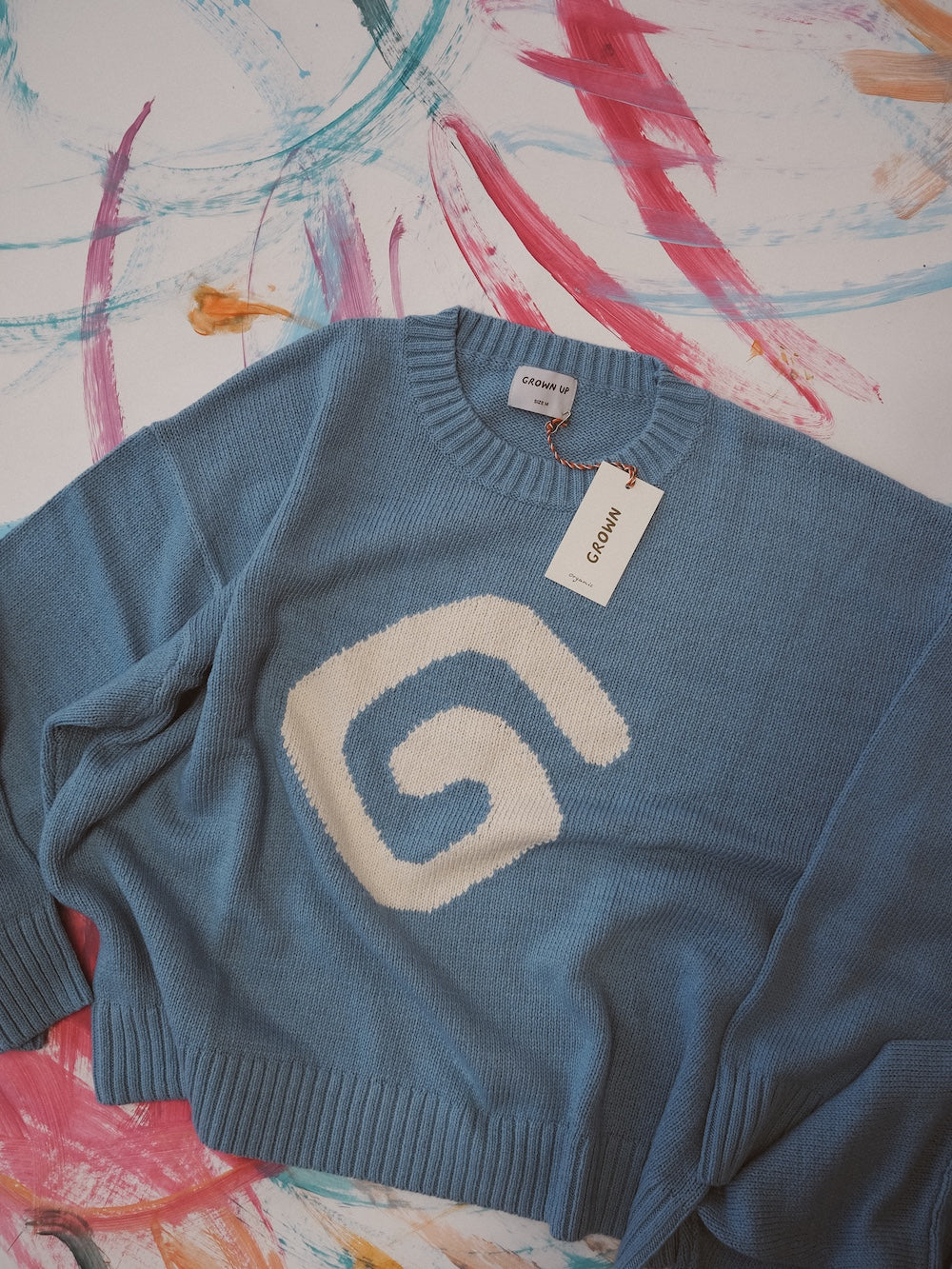 Ladies Organic Swirl Intarsia Knit Pull Over - Duck Egg